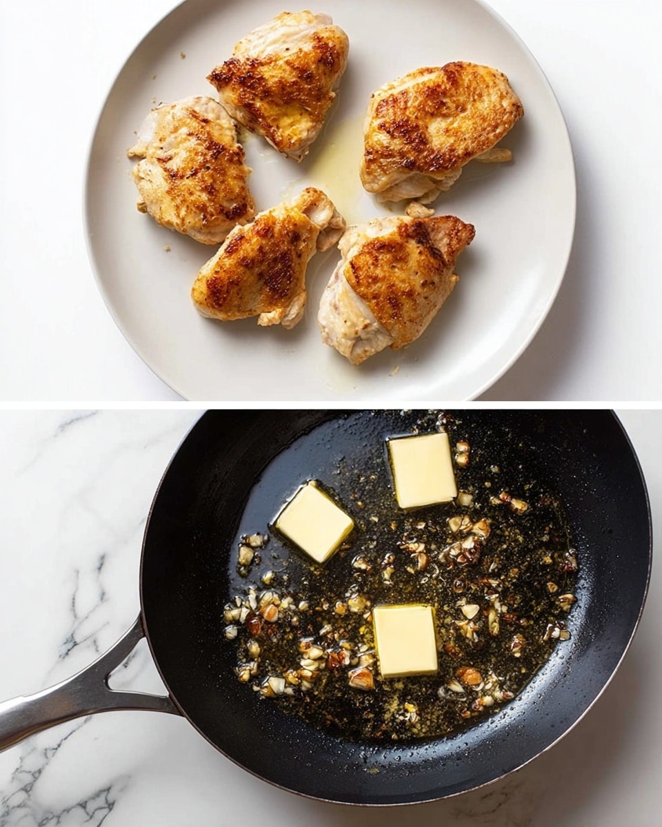 The image shows two parts: on the left, there is a white plate with four pieces of cooked chicken that are golden brown with some darker brown spots, each piece having a slightly different shape and size, placed loosely around the plate; on the right, there is a black cast iron pan with three small squares of melting butter, surrounded by small bits of browned garlic scattered across the shiny cooking surface, with the pan resting on a white marbled surface. photo taken with an iphone --ar 4:5 --v 7