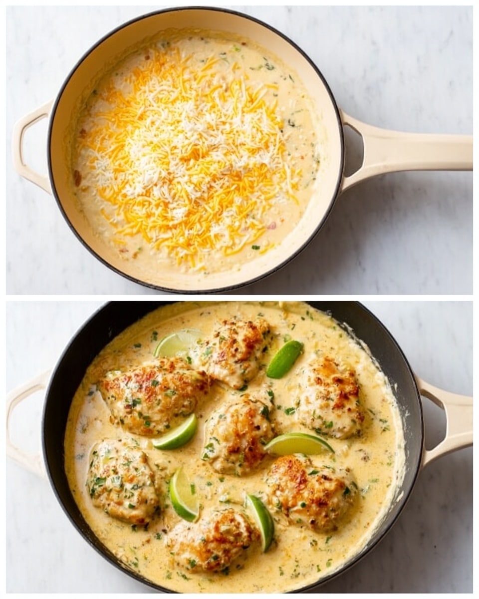 The image shows a white pan with a beige handle placed on a white marbled surface, shown in two views. In the first view, the pan is filled with thick creamy sauce mixed with melted yellow and white shredded cheese sprinkled evenly on top, creating a textured layer with some small bits visible within the sauce. In the second view, the same pan holds five pieces of cooked chicken covered with the creamy sauce that has a smooth texture with small chunks. Bright green lime wedges are placed around the chicken in the sauce, adding a fresh pop of color. The overall look is rich and creamy with a mix of smooth and textured layers. Photo taken with an iphone --ar 4:5 --v 7