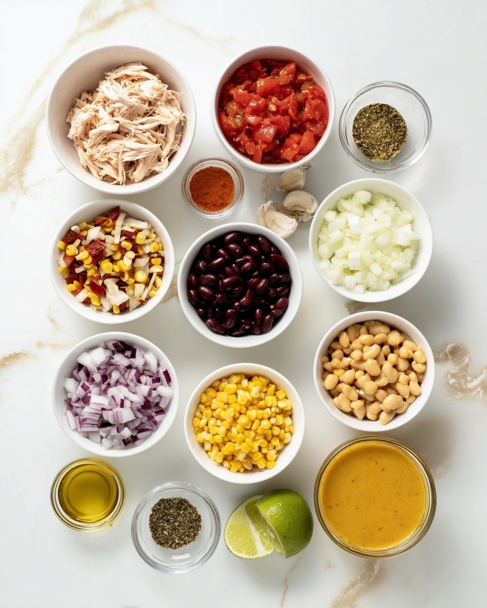 The image shows a collection of ingredients arranged on a white marbled surface. There are eleven small white bowls containing different items: shredded cooked chicken in one, chunky red diced tomatoes in another, chopped white onions, a mix of red, purple, and yellow crispy strips, whole yellow corn kernels, white beans in liquid, black beans in liquid, and a yellow creamy corn sauce. There are also small clear bowls holding olive oil, dried herbs, ground spices, salt, and minced garlic. Two halves of a lime are placed to the side, adding a fresh green color contrast. The setup is clean and organized with bright colors. photo taken with an iphone --ar 4:5 --v 7