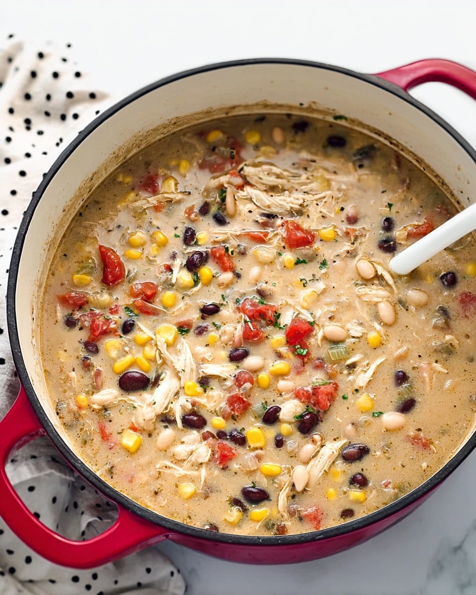 The image shows a pot filled with a thick soup that has a beige base and is dotted with bright yellow corn, red tomato pieces, black beans, white beans, shredded light-colored chicken, and small green herb bits. The pot is white inside with a red outer rim and handles. A white spoon is partially visible, stirring the soup. The pot sits on a white marbled surface with a soft-focus white cloth with black dots in the background. photo taken with an iphone --ar 4:5 --v 7