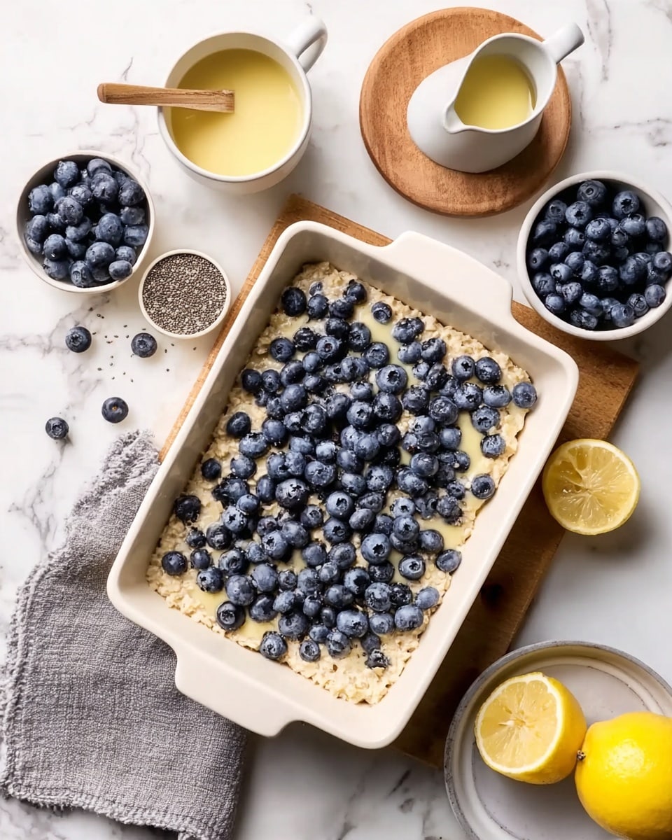 A rectangular white baking dish filled with a creamy oat mixture topped evenly with fresh dark blue blueberries; around the dish are small white bowls containing more blueberries, chia seeds, and a pale yellow liquid, alongside a small white jug with a golden liquid, a wooden coaster with another white bowl holding a light yellow creamy substance, a halved lemon on a small grey plate, a yellow lemon and a grey cloth on a white marbled surface photo taken with an iphone --ar 4:5 --v 7