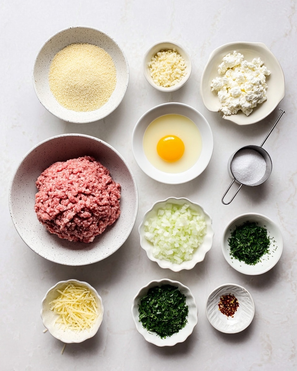 The image shows ingredients for a recipe arranged neatly on a white marbled surface. There are eleven bowls and small dishes, mostly white, each holding different ingredients: a large white speckled bowl with raw ground meat in pinkish color at the bottom left, a medium white bowl with light yellow breadcrumbs at top left, chopped garlic in a small white dish near the top center, white cottage cheese with texture in a clear cup, finely chopped white onions in a white bowl below the garlic, a raw egg yolk in a white scalloped dish, bright yellow lemon zest in a small white bowl below the egg, two small white bowls with finely chopped green herbs on the right side, a metal measuring cup with grated cheese, a small dish with coarse salt, and a tiny bowl with crushed red pepper flakes. The items are evenly spaced with clear visibility and soft lighting, focused on freshness and texture. Photo taken with an iphone --ar 4:5 --v 7