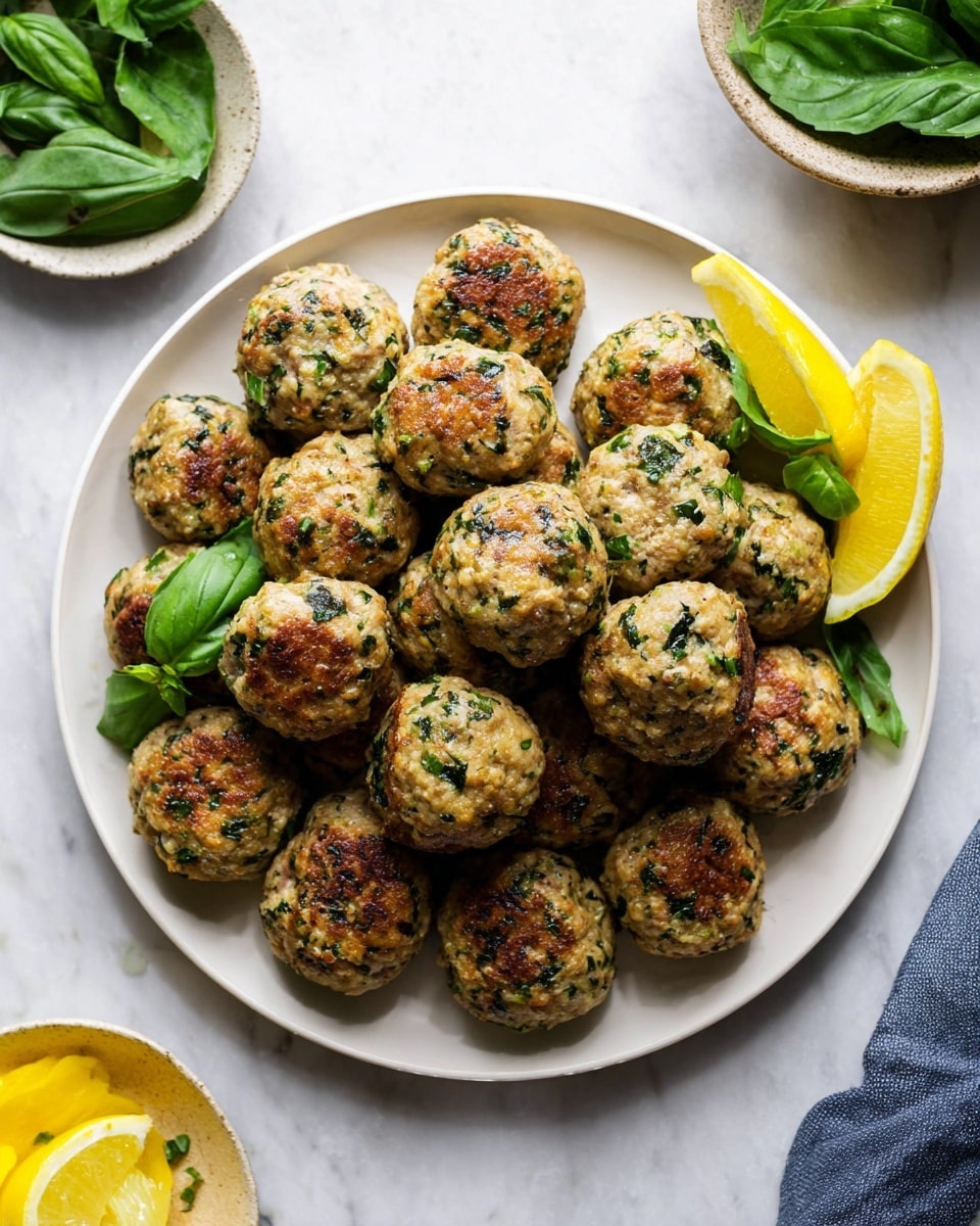 A white plate filled with around fifteen round meatballs, each with a golden-brown color mixed with green herb specks, stacked closely in the center. On the top right side of the meatballs, two bright yellow lemon wedges rest, and a small bunch of vibrant green basil leaves is placed on the left side. The plate sits on a white marbled surface, surrounded by small bowls containing green leaves and lemon slices. Photo taken with an iphone --ar 4:5 --v 7