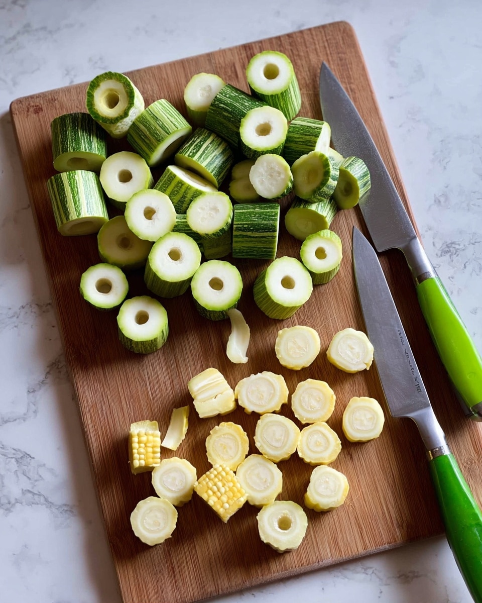 The image shows a wooden cutting board with two kinds of sliced vegetables. On the top part, there are green zucchini pieces hollowed out into rings with smooth inner edges and a dark green outer skin. Below them, smaller, pale yellow slices of vegetable are placed randomly, with a solid round shape and soft texture. On the left side of the cutting board, a knife with a mint green handle rests, while on the right side, a peeler with a metallic handle lays diagonally. The entire scene is set against a white marbled surface. photo taken with an iphone --ar 4:5 --v 7