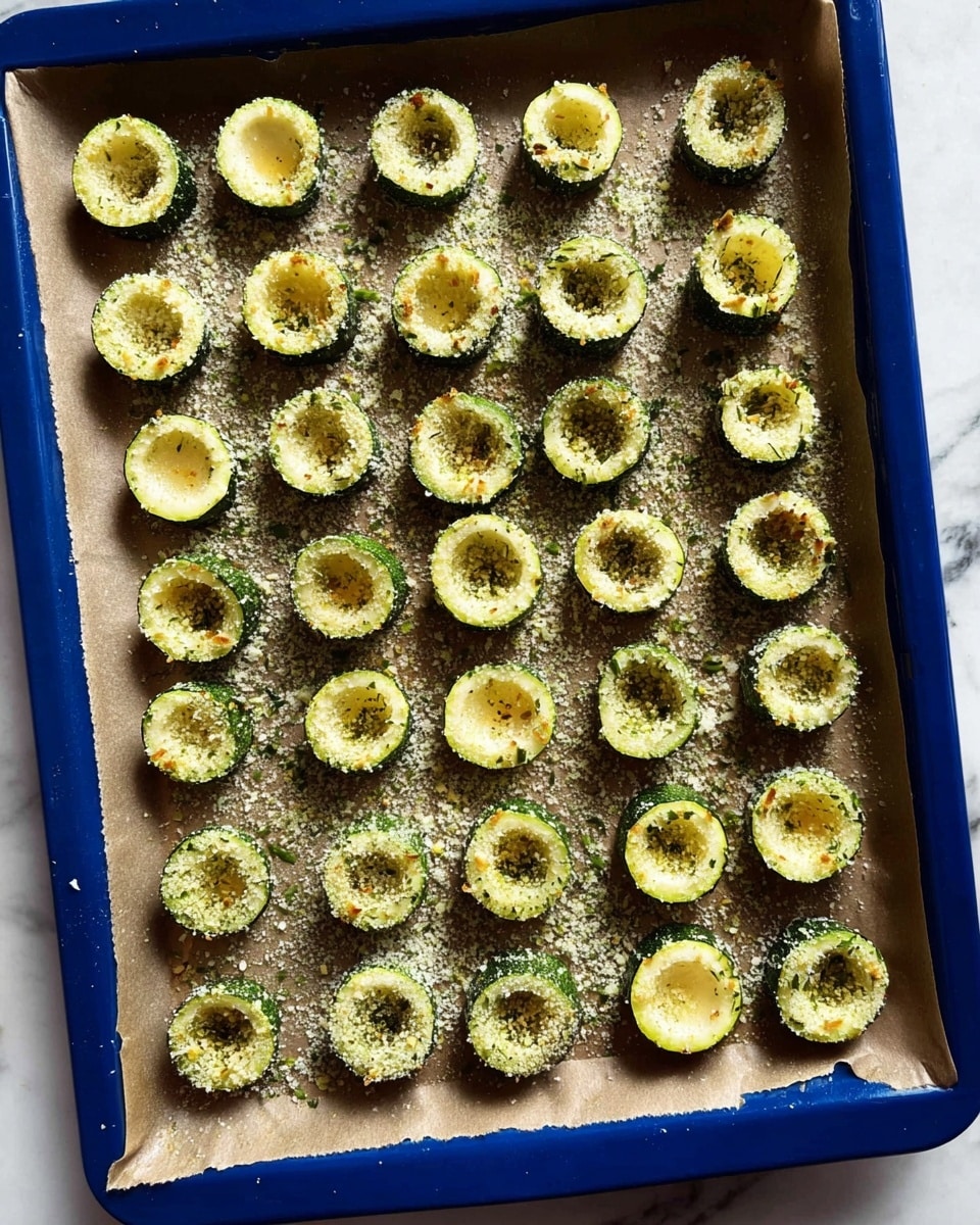 The image shows a blue baking tray lined with brown parchment paper, filled with many hollowed-out zucchini rings spread out evenly. Each zucchini ring is green on the outside with a pale yellow inside, and they are sprinkled with a mix of finely grated cheese and herbs, which is scattered around the tray as well. The texture of the zucchini is smooth and fresh with visible seasoning on top. The scene is on a white marbled surface. photo taken with an iphone --ar 4:5 --v 7
