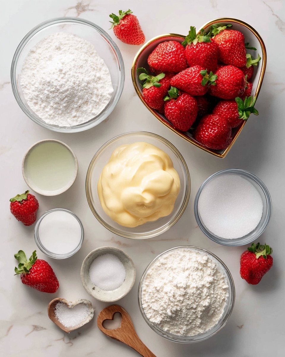 A top view of several clear glass bowls arranged on a white marbled surface, each filled with different baking ingredients. In the center right, there is a bowl filled with bright red strawberries with green leaves in a heart-shaped bowl with a gold rim. Below the strawberries, a bowl holds pale yellow egg whites with a smooth, slightly foamy texture on top. To the left of the egg whites, another bowl contains white granulated sugar with a soft powdery surface. Above the sugar, a small bowl holds white cream of tartar powder, and nearby is a similar small bowl with clear vanilla liquid. Slightly below the vanilla, a tiny bowl with coarse white salt is placed, and above the egg whites, a bowl filled with fine white cake flour sits. Scattered around the setup are a few loose strawberries and a wooden spoon with a heart-shaped cut-out handle. The overall scene is bright, clean, and well-lit, photo taken with an iphone --ar 4:5 --v 7