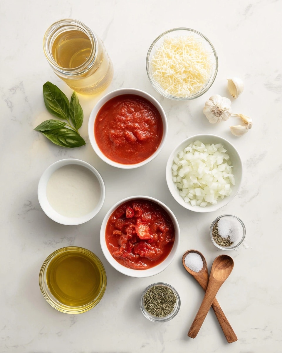 The image shows eleven small containers of ingredients arranged neatly on a white marbled surface. There are two white bowls with smooth red tomato purée and chunky tomatoes placed near the center bottom and middle. A white bowl of diced onions is placed to the right of the tomato purée. Above the onions is a small white bowl with a creamy white liquid. To the left of the onions is a glass bowl of golden olive oil, with two bright green basil leaves next to it. Above the olive oil is a glass bowl with pale yellow grated cheese, and near the top left is a tall glass jar filled with a light golden broth. There are two small garlic cloves near the jar above a small clear bowl of minced garlic to the right. Next to the garlic on the bottom right are two wooden spoons, one with black pepper and one with white salt. A small clear bowl with dried green herbs is between the tomatoes and the garlic. Photo taken with an iphone --ar 4:5 --v 7