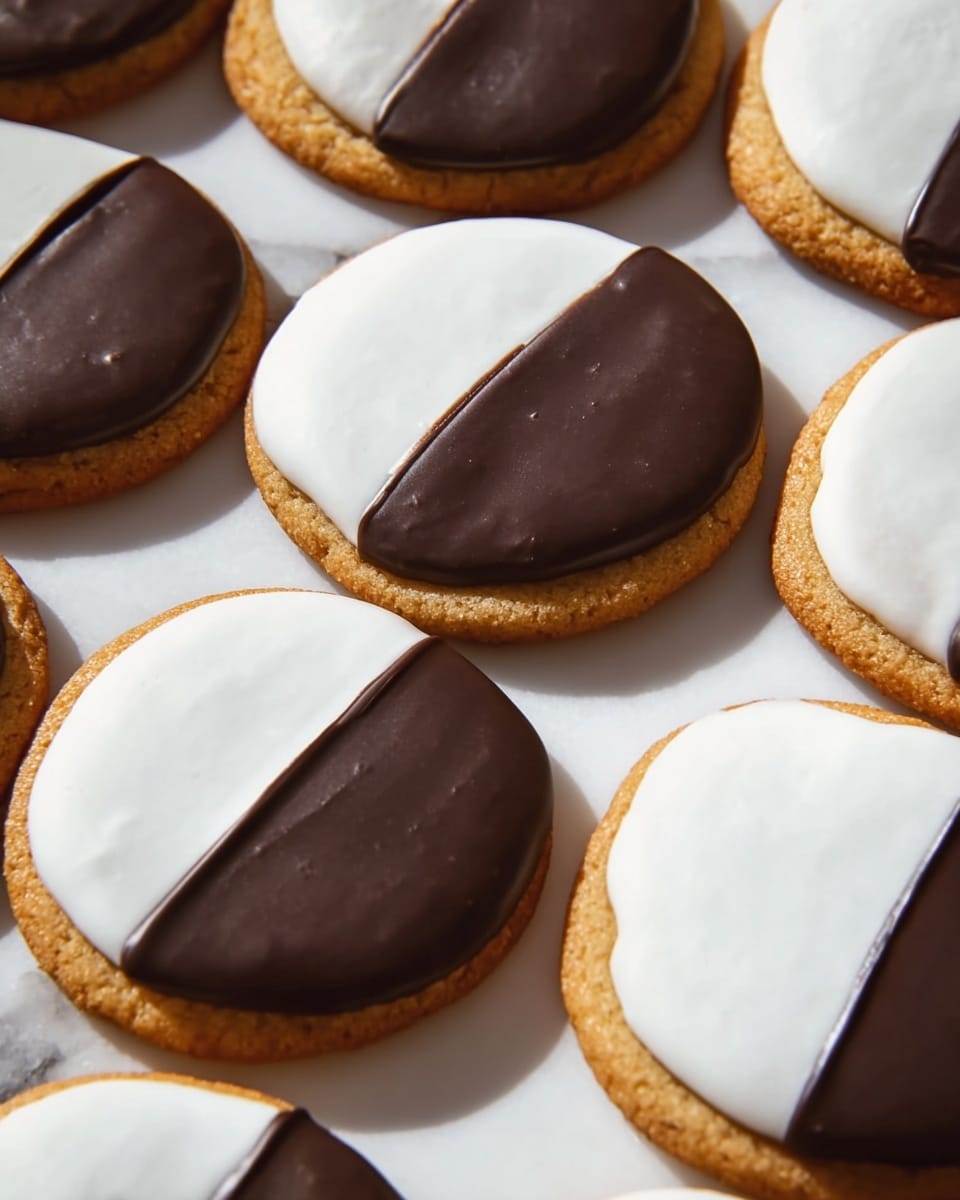 The image shows a group of round cookies laid out on a white marbled surface. Each cookie has two layers: a base layer of golden-brown cookie dough and a top layer of smooth icing split evenly in half. One half of the icing is white and smooth, while the other half is a rich, glossy dark brown chocolate. The cookies are arranged close to each other, casting soft shadows on the surface from natural light. photo taken with an iphone --ar 4:5 --v 7