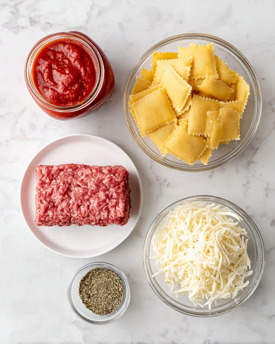 The image shows five different ingredients placed on a white marbled surface. In the top left corner, there is a glass jar filled with red marinara sauce, sealed with a red lid. To the right, there is a clear round bowl filled with yellow square ravioli pasta. Below the jar, a white round plate holds a rectangular block of raw ground beef, pink in color with a textured surface. To the right of the beef, there is another clear round bowl filled with shredded mozzarella cheese, pale yellow and white in color. Below these items, a small clear container holds dried Italian seasoning with a mix of green and brown colors. The overall scene is bright and clean, showing the raw ingredients clearly. Photo taken with an iphone --ar 4:5 --v 7