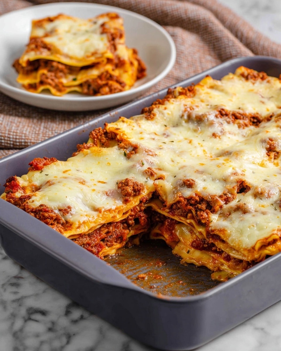A close-up view of a baked lasagna in a gray baking dish on a white marbled surface. The lasagna has multiple layers starting from a base of flat pasta sheets, followed by layers of cooked minced meat in red tomato sauce, topped with melted white cheese that covers the entire top surface. A portion of the lasagna is removed, revealing the thick layers inside. In the background, there is a white bowl with a single serving of the same lasagna, showing the layers of pasta, meat sauce, and melted cheese. A textured light gray cloth is visible behind the baking dish. Photo taken with an iphone --ar 4:5 --v 7