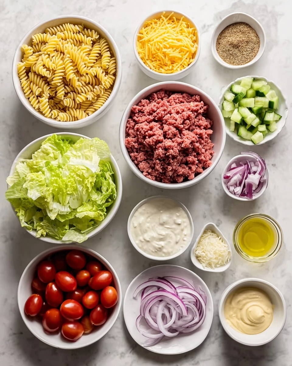 The image shows several white bowls arranged on a white marbled surface, each holding different ingredients. There is one bowl filled with rotini pasta, another with shredded yellow cheese, one with chopped green lettuce, a bowl of whole red grape tomatoes, and one with chopped green cucumber. The central bowl contains raw ground meat, which is reddish and crumbly. Smaller bowls hold creamy white sauce, olive oil, mixed spices, sliced red onions on a white plate, and other creamy or oily condiments in light beige and yellow tones. The arrangement is neat, and the colors of the ingredients contrast against the white bowls and marble background. Photo taken with an iphone --ar 4:5 --v 7