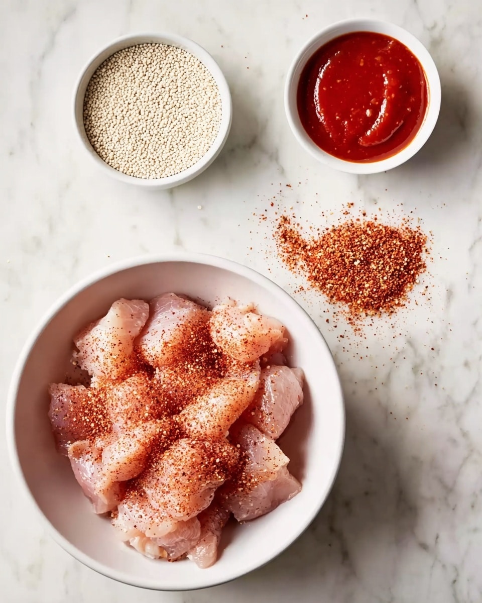 A white bowl filled with small raw chicken pieces that are sprinkled with red spices on top, giving a reddish dusted look; above it, there is a small white bowl with smooth red sauce, and next to it, another white bowl filled with small round white grains, all placed on a white marbled surface photo taken with an iphone --ar 4:5 --v 7