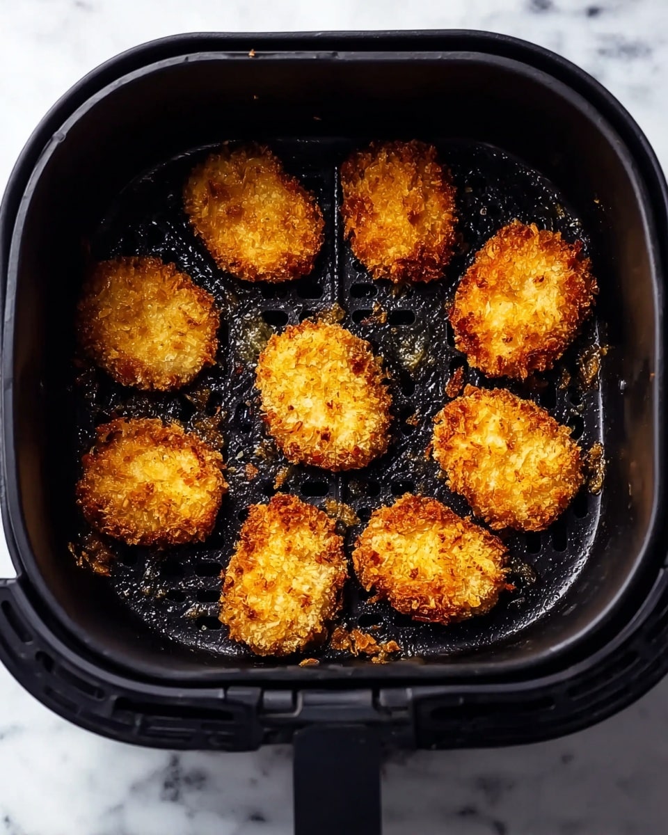 Inside a black air fryer basket on a white marbled surface, there are nine golden brown, crispy breaded pieces evenly spaced out. Each piece has a rough, crunchy texture with uneven edges, showing a deep golden color from frying. The basket has small perforated holes and a slightly shiny black finish, with a handle visible at the bottom. The pieces appear hot and freshly cooked, with some crumbs scattered around them photo taken with an iphone --ar 4:5 --v 7