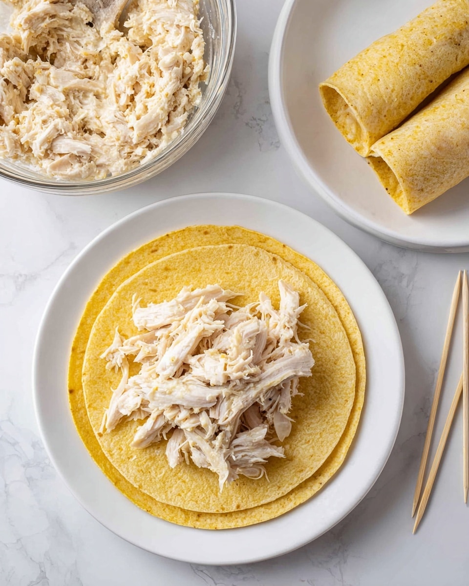 The image shows a white plate with three yellow corn tortillas stacked on it, with a layer of creamy white shredded chicken placed in the middle of the top tortilla. To the top left, there is a glass bowl filled with more creamy shredded chicken mixture. To the right, on a white plate, there are two rolled tortillas filled with the same creamy chicken. The setting is on a white marbled surface with a few toothpicks lying nearby. photo taken with an iphone --ar 4:5 --v 7