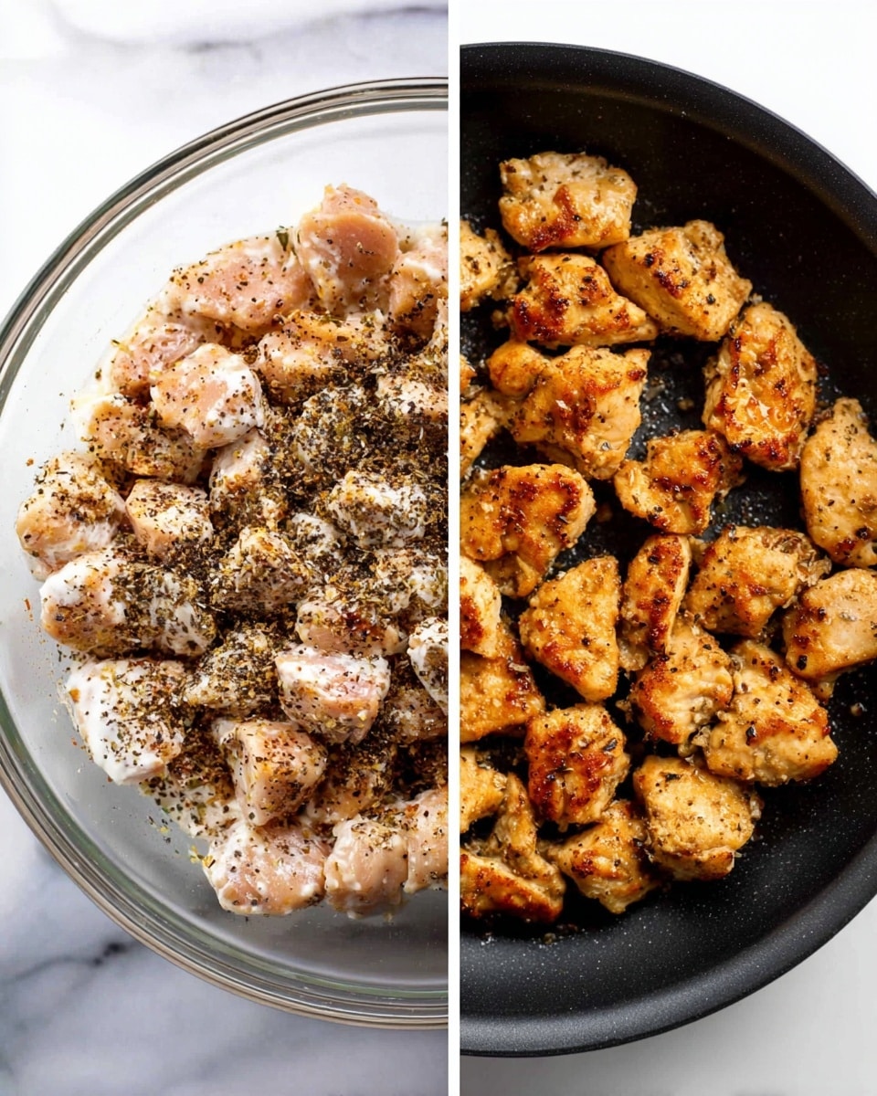 The image shows two side-by-side photos. The left photo features a clear glass bowl on a white marbled surface, filled with small raw chicken pieces mixed with white sauce and sprinkled with black pepper and other spices, creating a speckled texture on top. The right photo displays golden-brown cooked chicken pieces placed in a black pan, showing a slightly crispy texture with varied browning and searing marks all over the chunks. photo taken with an iphone --ar 4:5 --v 7