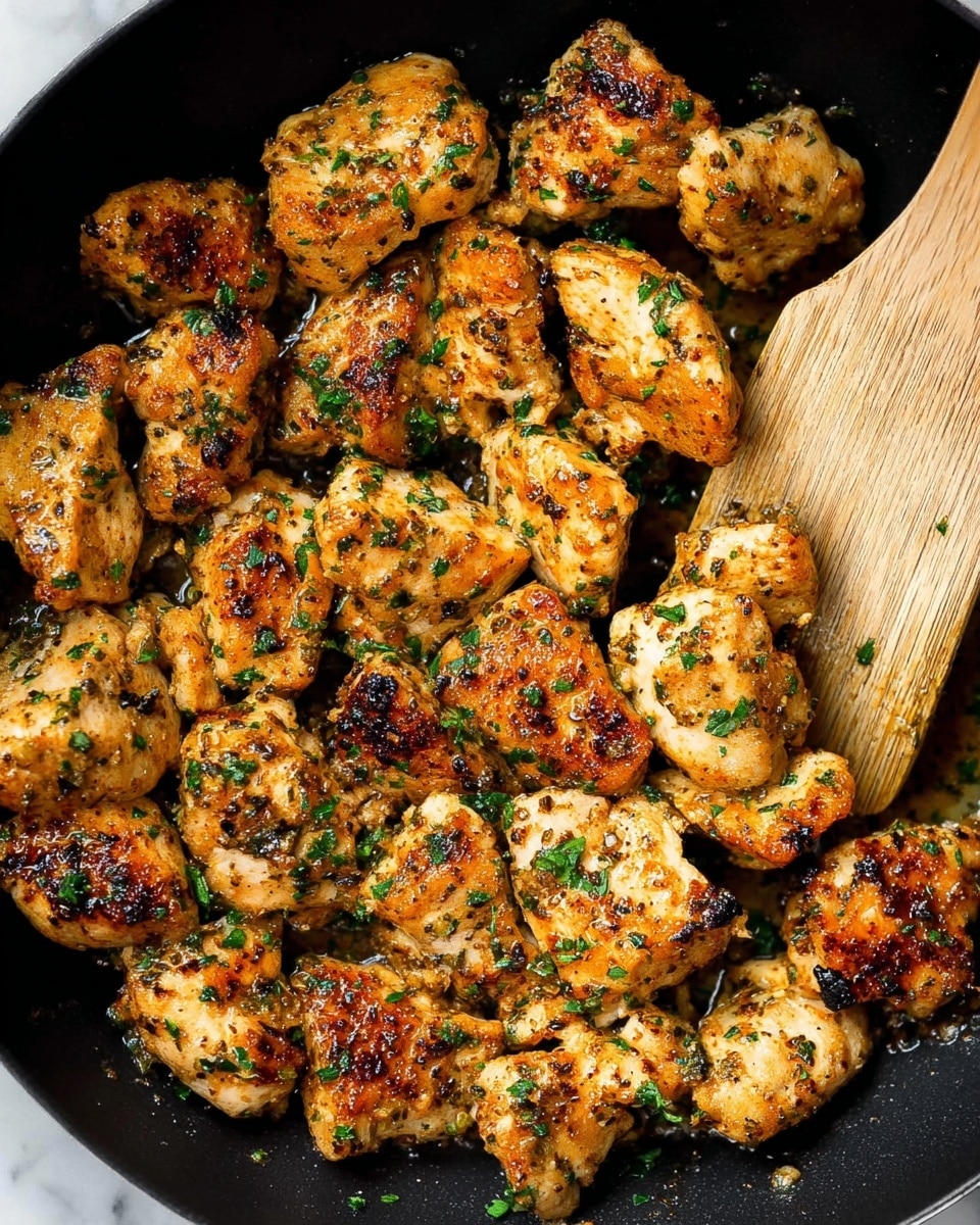 This image shows many small pieces of cooked chicken with a golden brown color and slight char marks. Each piece is coated in a light seasoning and sprinkled with small bits of chopped green herbs, scattered evenly over the top. The chicken pieces rest tightly together in a black pan, with a flat wooden spatula on the right side touching some pieces. The black pan contrasts with the bright colors of the chicken and herbs, and everything sits on a white marbled surface. photo taken with an iphone --ar 4:5 --v 7