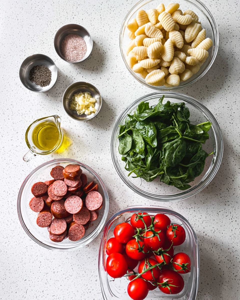 The image shows several glass and metal bowls placed on a white marbled texture. Starting from the top right, there is a glass bowl filled with gnocchi pasta, pale cream in color with a ridged texture. To its left, two small metal bowls hold ground black pepper and pink salt, each bowl showing the fine texture of the spices. Below them, another small metal bowl contains minced garlic, yellowish and slightly moist. At the bottom right, a larger glass bowl contains sliced sausage pieces that are reddish-pink on the inside with a reddish outer skin. To the left, a medium glass bowl contains green leafy vegetables, mostly spinach and arugula, showing vibrant green color and fresh texture. At the very bottom is a clear plastic container holding bright red vine tomatoes, with the green stems still attached. A small clear measuring cup with olive oil sits to the left of the bowls, the golden liquid glistening. The whole setup is neat and bright. Photo taken with an iphone --ar 4:5 --v 7