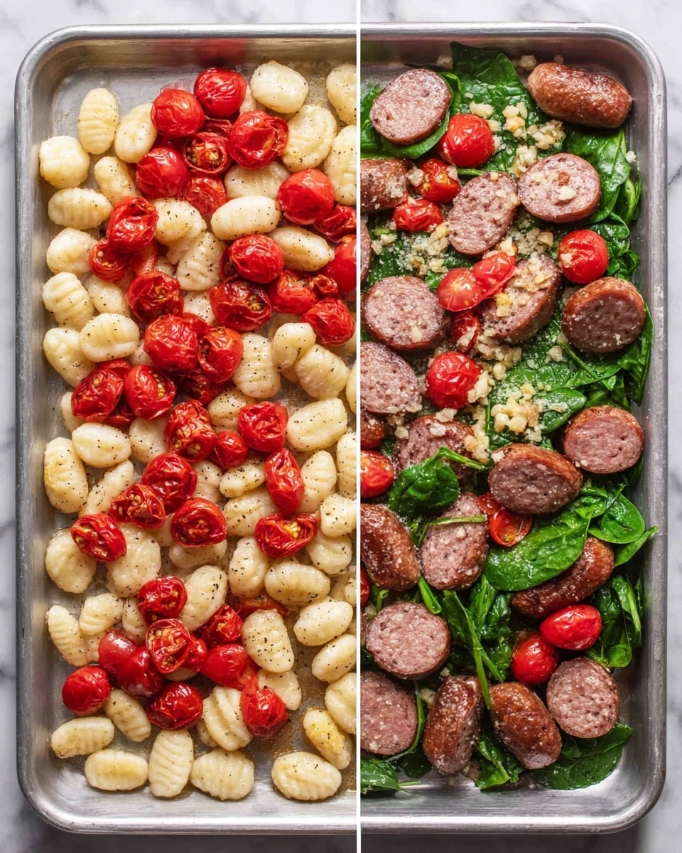 The image shows a side-by-side comparison of ingredients before and after cooking on a metal baking tray. On the left, the tray holds three layers: a base of white gnocchi with a soft, ridged texture, scattered red cherry tomatoes with a shiny smooth skin, and thick slices of dark brown sausage topped with a small pile of minced garlic. On the right side, the cooked dish displays the gnocchi turned golden and slightly crisp, the cherry tomatoes softened and slightly wrinkled, and the sausage slices browned and juicy. Fresh green spinach leaves are added on top, giving a bright contrast. The whole tray rests on a white marbled surface photo taken with an iphone --ar 4:5 --v 7