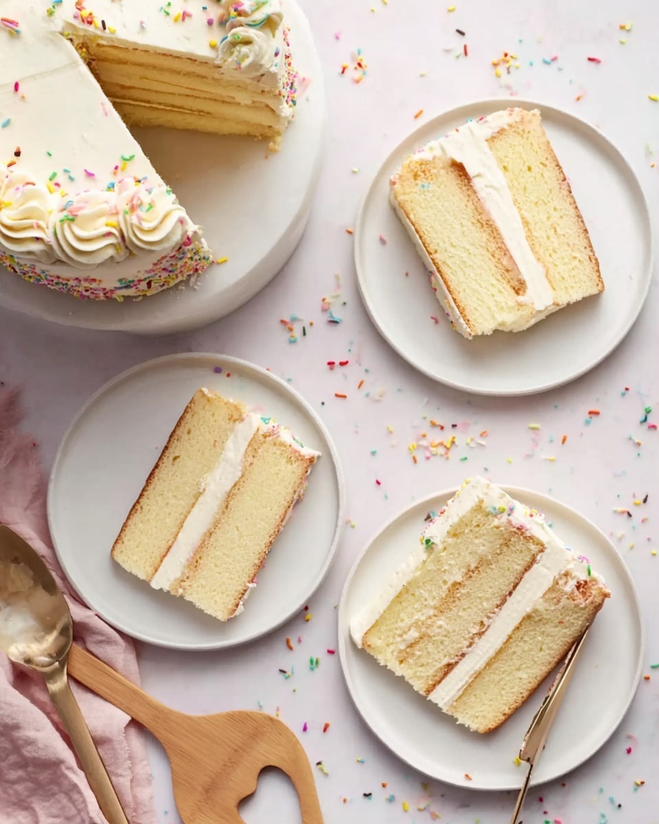 The image shows a three-layer vanilla cake with white frosting, decorated with small colorful sprinkles on top. The cake is placed on a white plate with a smooth layer of frosting and swirls of frosting along the edge. Three slices of the cake are served on three small white plates, each slice showing three layers of yellow cake separated by thick white frosting layers. One slice has a small piece taken by a gold fork resting on the plate. The plates and cake are set on a white marbled surface, scattered lightly with multi-colored round sprinkles. A wooden spoon with a heart-shaped cutout is near the plates, and a woman's hand with fingers touching a slice of cake is visible in the corner. Photo taken with an iphone --ar 4:5 --v 7