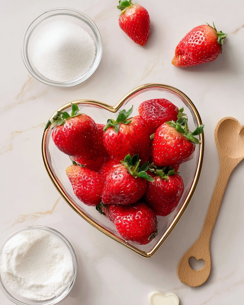 A heart-shaped clear glass bowl with a gold rim is filled with bright red strawberries with green leaves on top. Around the bowl, on a white marbled surface, there are a few strawberries scattered. To the top right of the bowl, there is a small clear bowl filled with white sugar. Below the heart bowl on the left, there is another small clear bowl containing white cornstarch. On the right side, a wooden spoon with a heart-shaped cutout lies flat. Photo taken with an iphone --ar 4:5 --v 7