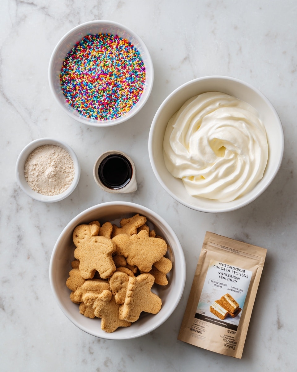 The image shows four main items on a white marbled surface arranged neatly. There is a small white bowl filled with bright, colorful rainbow sprinkles placed at the top center. Below it to the right, a white bowl holds smooth, creamy Greek yogurt with a swirled top. On the bottom right, a white bowl is filled with light brown graham cracker cookies shaped like animals. To the left of these bowls, there is a small pile of dark brown vanilla extract in a white bowl and next to it a beige packet of cake batter protein powder with a picture of a cake slice on it. The arrangement is clean and simple, with light and natural tones. photo taken with an iphone --ar 4:5 --v 7