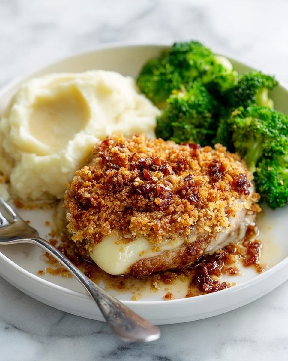 A white plate holds a meal of three parts: the front has a thick piece of meat topped with a golden-brown, crunchy crumb layer that looks toasted and crumbly, and beneath it shows a browned, slightly seared texture. Behind this is a large scoop of smooth, creamy mashed potatoes, white and soft-looking, with a silver fork resting on the edge. At the back are bright green broccoli florets, steamed with a slightly shiny surface. The plate is on a white marbled texture surface. Photo taken with an iphone --ar 4:5 --v 7