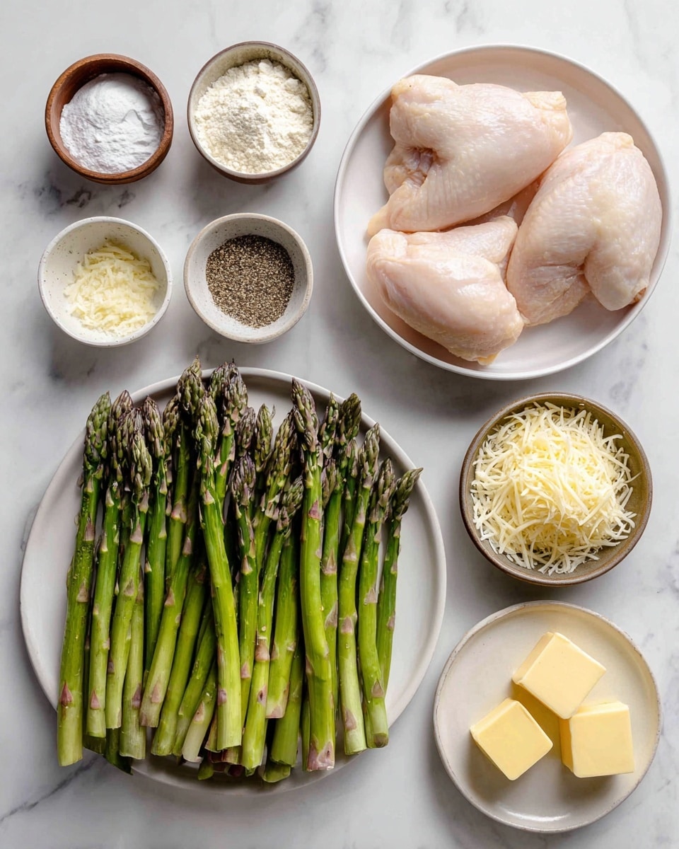 The image shows a collection of raw ingredients arranged neatly on a white marbled surface. In the top right, there is a white bowl holding three smooth, pale pink chicken pieces. Below it, a white plate is full of fresh, green asparagus stalks that are thick and have purple-tinged tips. To the left of the chicken, three small brown bowls contain white flour, white salt, and light yellow garlic powder, respectively. On the right side, a small white bowl holds shredded pale yellow parmesan cheese. Below the cheese, there is a small white plate with two yellow butter squares, and next to it, a small brown bowl filled with ground black pepper. Each ingredient is clearly labeled in black text on white boxes. The photo taken with an iphone --ar 4:5 --v 7