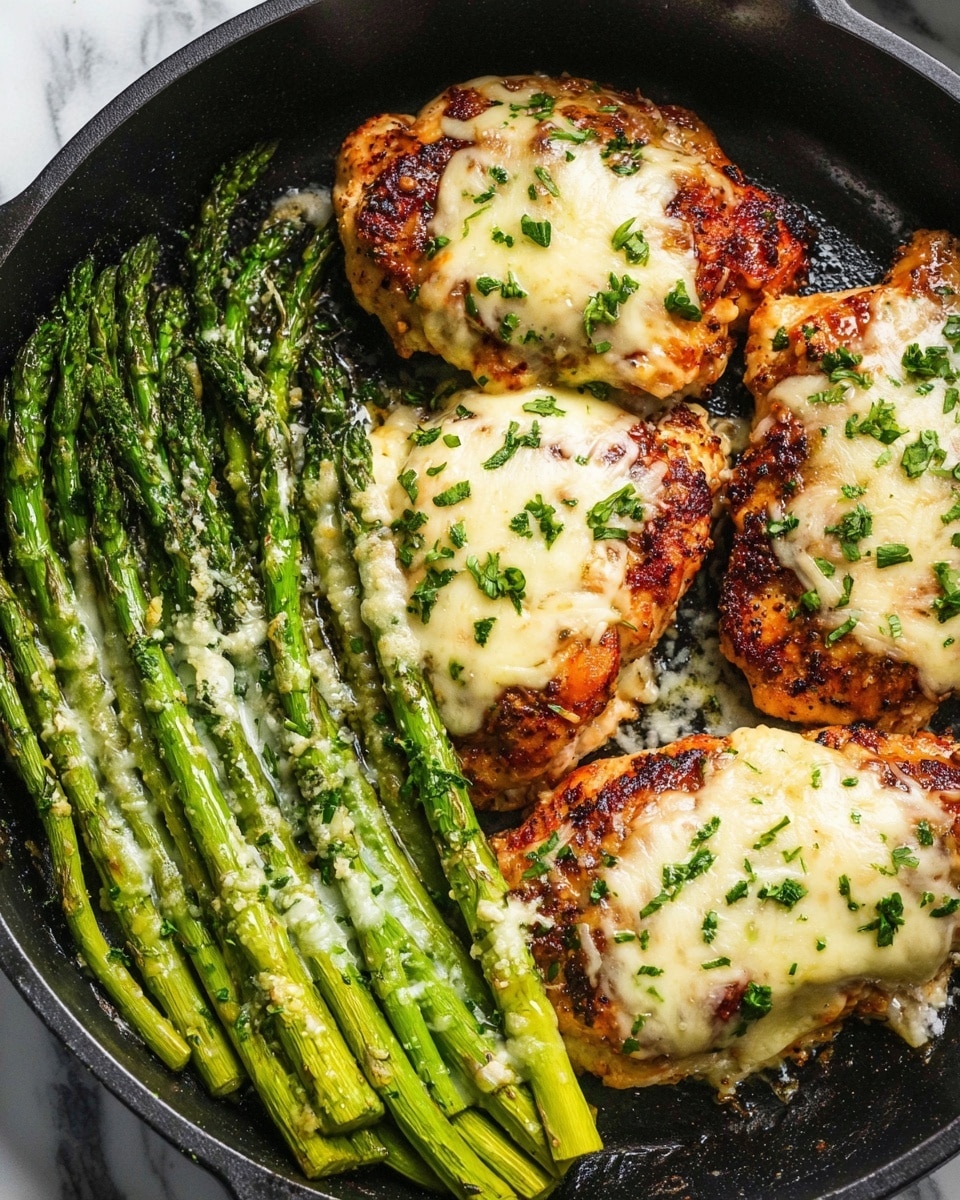 The image shows a black pan with four golden-brown cooked chicken pieces on the top half, each topped with melted light yellow cheese and small green herb sprinkles. On the bottom half of the pan, there is a neat row of grilled green asparagus topped with bits of melted cheese and herbs. Around the pan, there is a light blue cloth with fringed edges at the bottom and two white dishes—one with a pile of shredded cheese and the other with chopped green herbs—set on a white marbled surface. Photo taken with an iphone --ar 4:5 --v 7