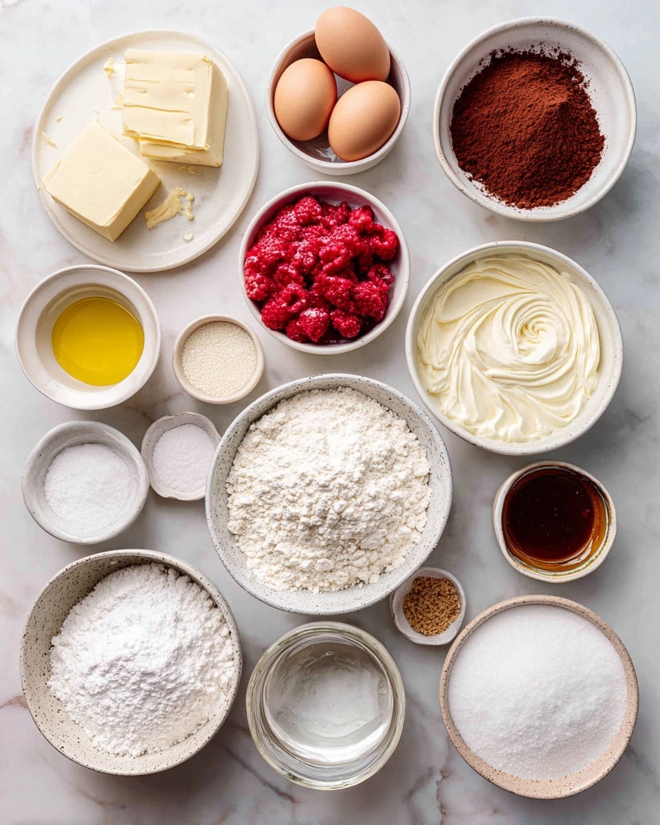 A top-down view of a collection of baking ingredients arranged neatly on a white marbled surface, each in a white or light-colored bowl or cup. From left to right and top to bottom: a white plate holds two large blocks of cream cheese and butter, a small white bowl contains baking powder, a larger white bowl is filled with light brown cocoa powder, beside it a white bowl has two raw eggs. Above right, a white bowl is filled with bright red mashed raspberries. Center right shows a large white bowl of flour with a slight swirl texture on top, next to a small glass cup of golden oil. Below the flour is a large speckled white bowl of powdered sugar with a fluffy texture. Nearby, small bowls contain white sugar, brown sugar with a grainy texture, and a small bottle of vanilla extract with a dark amber color. Additional small bowls include baking soda (white powder) and buttermilk (white liquid). A clear glass holds boiling water near the center left. Everything is spaced clearly and cleanly with labels floating above each ingredient. Photo taken with an iphone --ar 4:5 --v 7