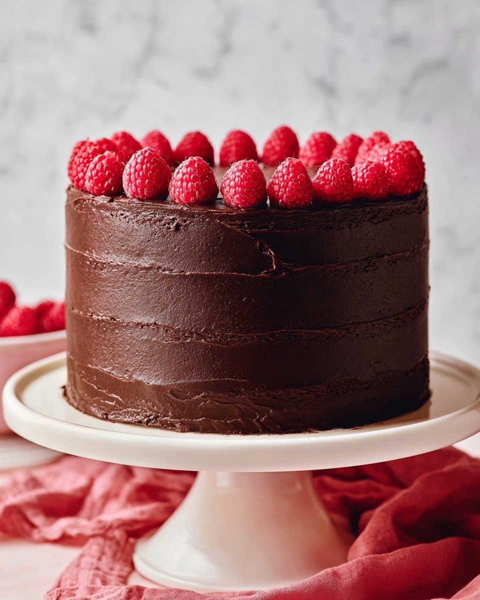 A tall, three-layer round cake is covered in smooth dark chocolate frosting with slight textured lines visible on the surface. The top edge of the cake is decorated with a neat ring of bright red fresh raspberries, evenly spaced around the border. The cake sits on a white pedestal cake stand that has a simple and elegant shape. The background has a white marbled texture, and a soft red cloth is slightly visible at the base of the stand. photo taken with an iphone --ar 4:5 --v 7