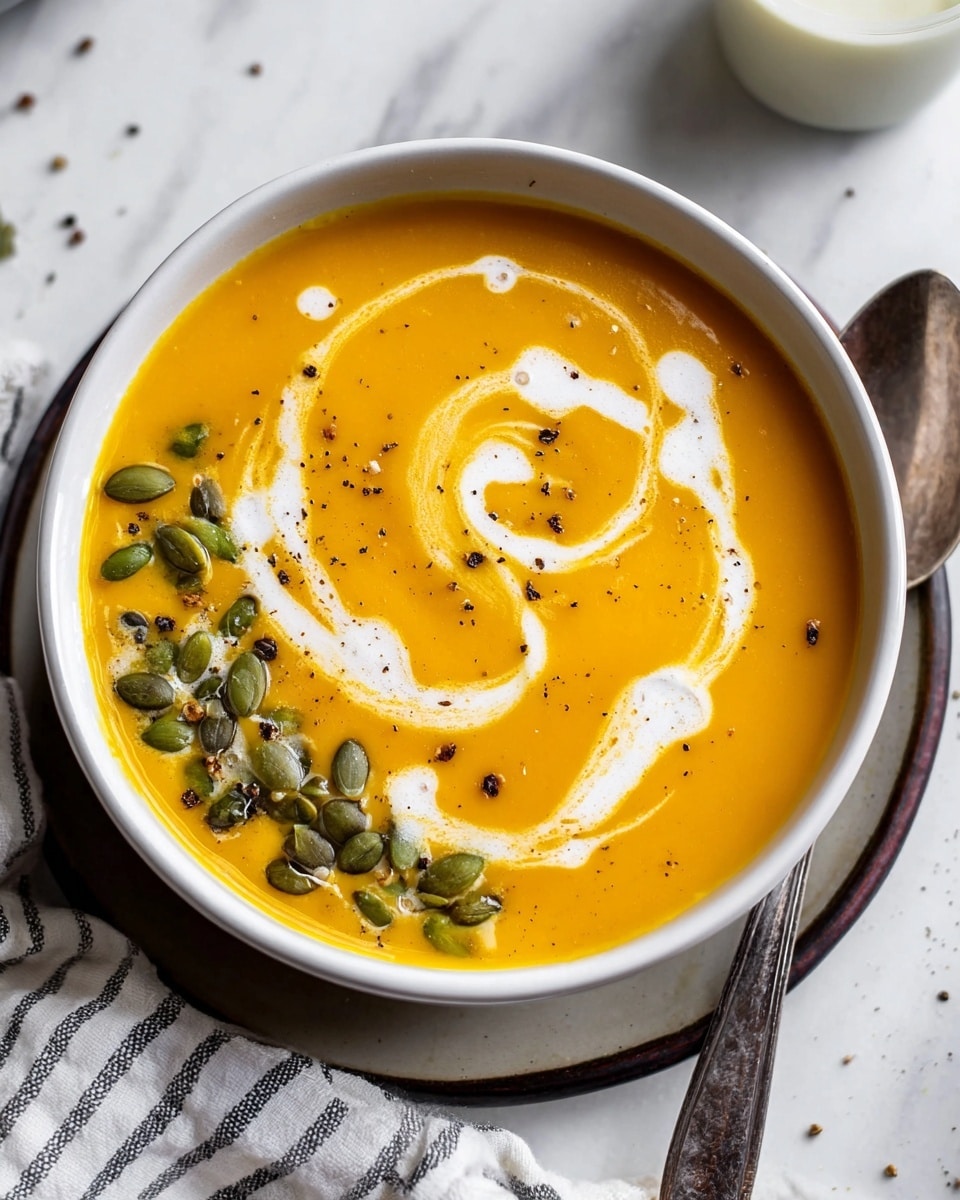 A white bowl filled with smooth, bright orange soup sits on a white marbled surface. The soup has a swirl of white cream drawn in loops across the top. On one side of the bowl, green pumpkin seeds are sprinkled over the soup along with small black pepper grains scattered around. A silver spoon lies next to the bowl on the right, and a white cloth with black stripes is partially visible at the bottom left corner. The bowl is placed on a round dark tray on the marbled surface, with a cream container blurred in the background. Photo taken with an iphone --ar 4:5 --v 7