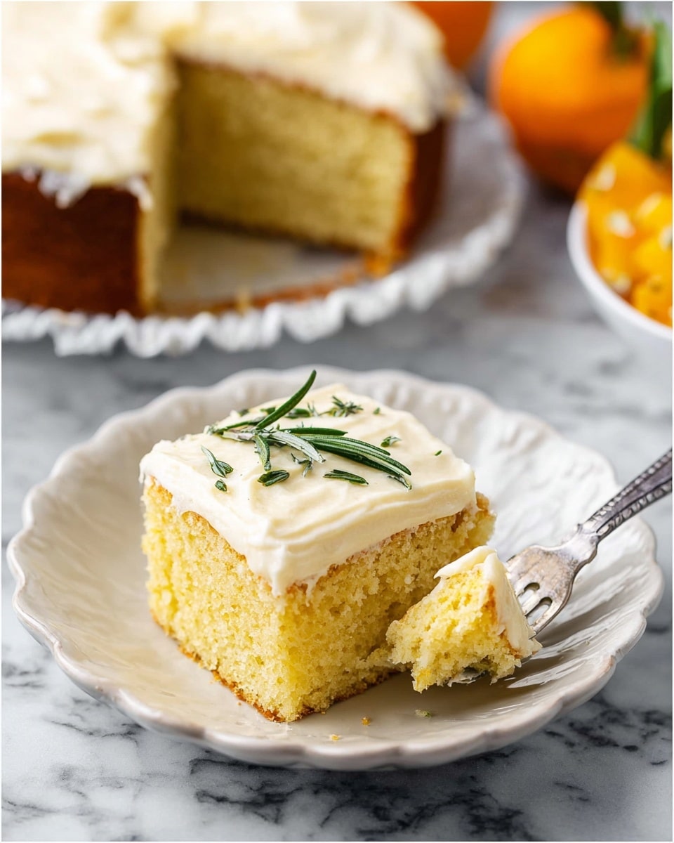 A close-up view of a square slice of yellow cake with a thick, smooth layer of light cream-colored frosting on top, garnished with a small sprig of green rosemary. The cake slice shows a moist, soft texture with a golden brown crust along the edges. It sits on a white, scalloped edge plate placed on a white marbled surface. A fork, holding a small piece of the cake with frosting, is positioned on the right side of the plate. In the background, part of a round cake and some blurred orange fruits are visible. photo taken with an iphone --ar 4:5 --v 7