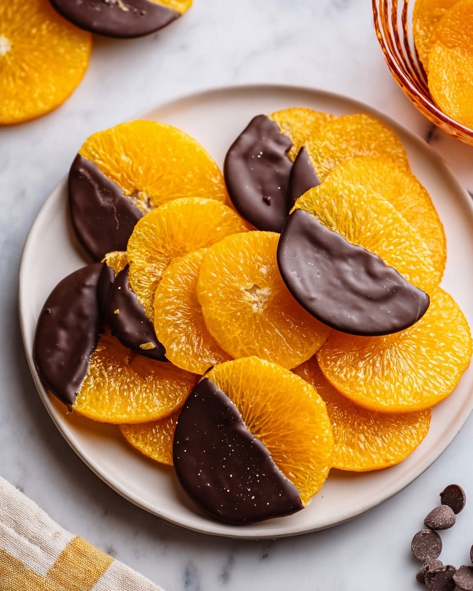 A white plate holds a pile of thin orange slices, each slice shiny and translucent with a bright, vibrant orange color and visible juicy texture. About half of each slice is dipped in smooth, dark chocolate with a matte finish, some pieces showing a slight bite taken out, revealing the orange beneath. The plate is on a white marbled surface, creating a clean and fresh look. A few dark chocolate chips and an orange-colored glass dish with more orange slices are partially visible around the plate. Photo taken with an iphone --ar 4:5 --v 7