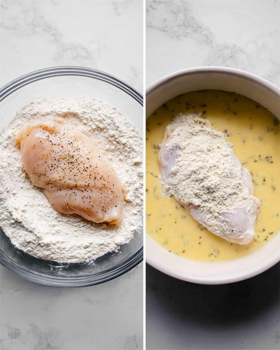 The image shows two side-by-side shots of raw chicken being prepared. On the left, a single raw chicken piece seasoned with black pepper rests on a thick layer of white flour inside a clear glass bowl. The right side shows the same chicken piece coated with flour and partially submerged in a yellowish, smooth batter inside a white bowl. The background in both parts has a white marbled texture. Photo taken with an iphone --ar 4:5 --v 7