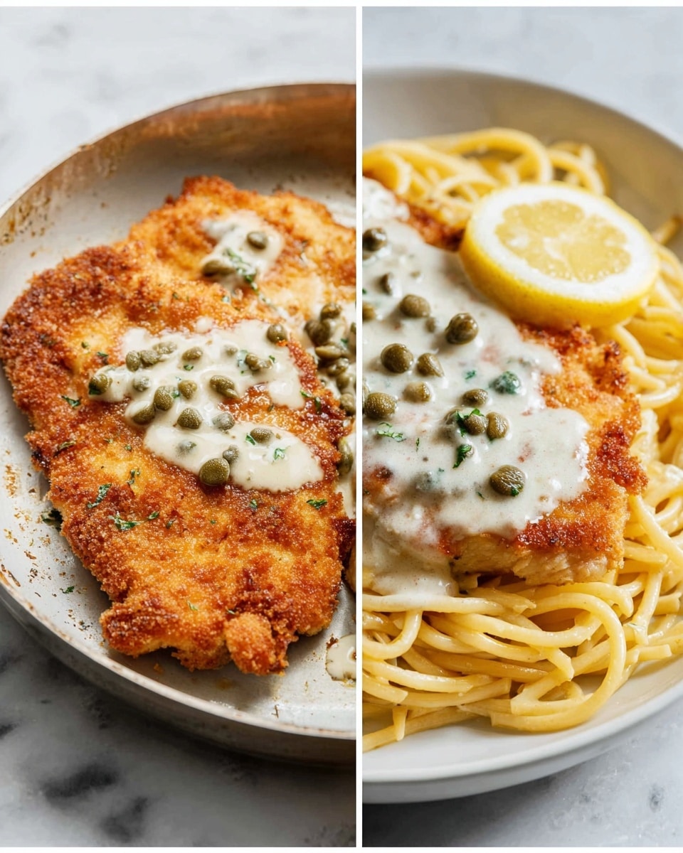 On the right side, there is a white plate with a dish of two main layers: the bottom layer is light yellow cooked pasta with a soft texture, loosely piled in a circular shape. On top, there is a single golden-brown fried fillet with a slightly crispy texture and uneven edges, covered partially with a creamy white sauce that has small green capers scattered on and around it. A thin lemon slice with visible seeds and texture rests on the pasta beside the fillet. The background is a white marbled surface. Photo taken with an iphone --ar 4:5 --v 7