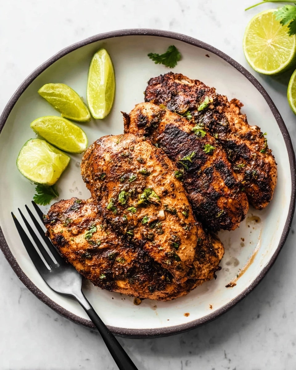 The image shows a white plate with a dark rim holding four grilled chicken pieces stacked in a slightly overlapping way. The chicken has a browned, textured surface with visible grill marks and herbs sprinkled on top, giving it a crispy look. To the left of the chicken, there are several lime wedges arranged casually, adding a vibrant green color. A black fork rests on the left edge of the plate. The plate is placed on a white marbled surface, and in the top right corner, there are partially squeezed lime halves. The composition is bright and sharp, with natural lighting highlighting the juicy texture of the chicken and the fresh green of the lime. photo taken with an iphone --ar 4:5 --v 7