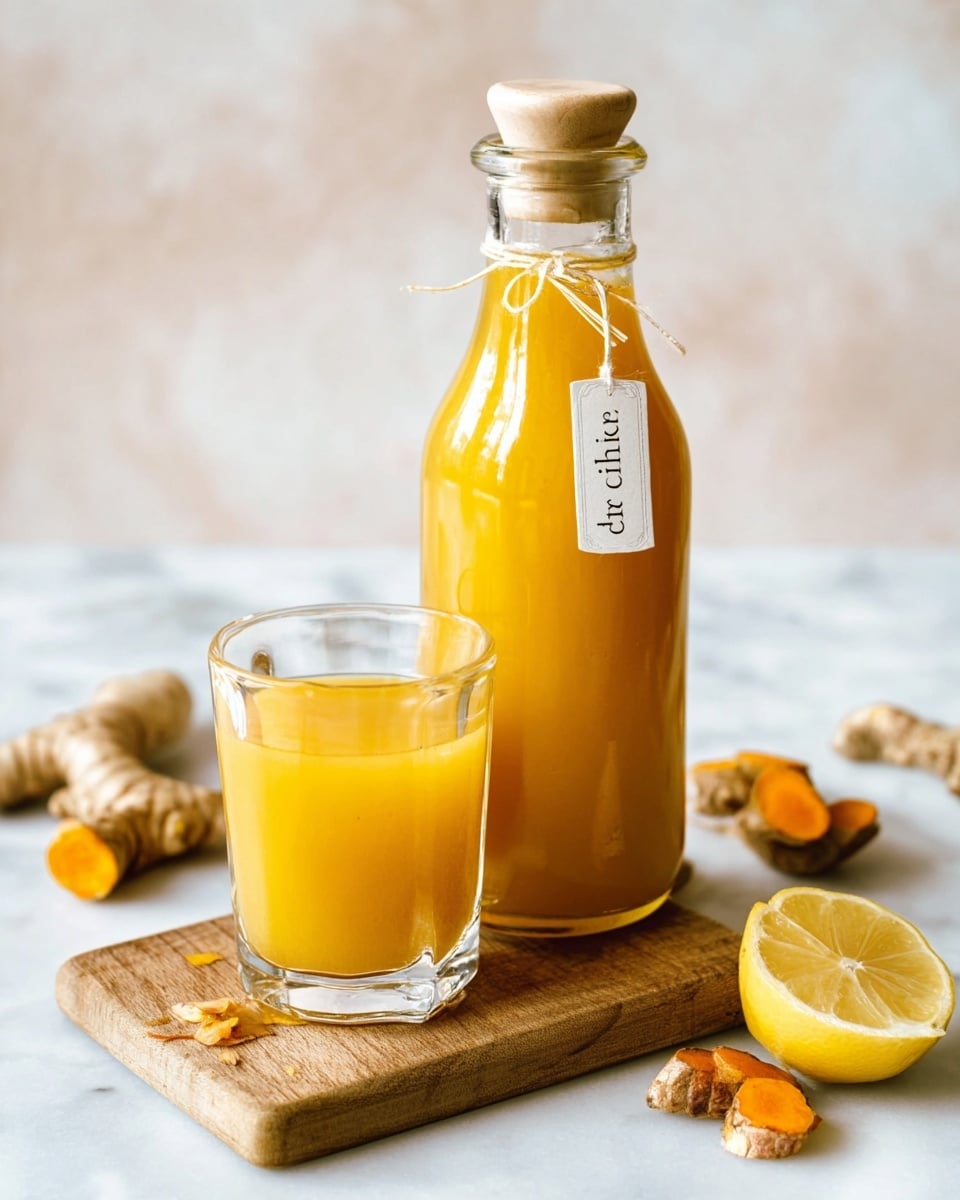 The image shows a clear glass bottle filled with bright yellow-orange liquid labeled