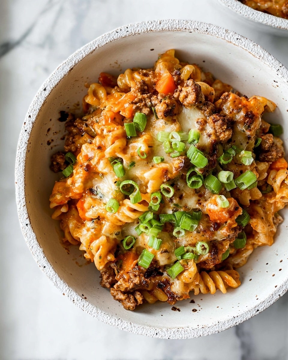 The image shows a bowl of baked pasta with a rich mix of colors and textures. The base layer is a spiraled pasta with a light golden brown and creamy orange sauce coating it. On top, there are chunks of browned ground meat mixed with small orange carrot pieces. The pasta is covered with melted cheese that has slightly browned edges. Scattered over the dish are bright green, sliced scallions adding a fresh pop of color. The bowl itself is white with a rough textured edge, placed on a white marbled surface. Photo taken with an iphone --ar 4:5 --v 7