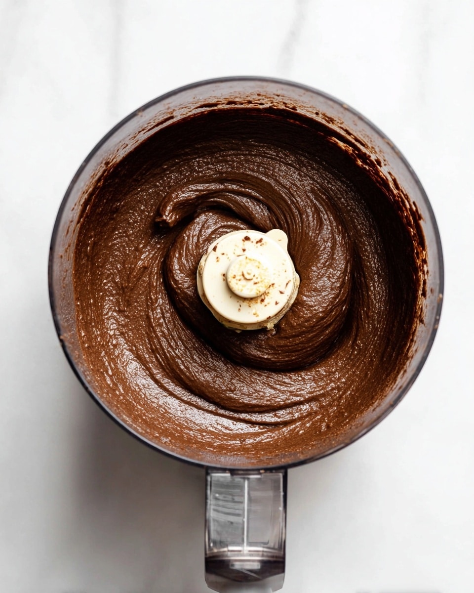 The image shows a top view of a food processor bowl filled with a thick, smooth dark brown paste that has a creamy texture. The paste forms one even layer inside the bowl, wrapping around the central white blade piece, which has some brown smudges. The food processor bowl is clear plastic with a handle extending toward the bottom, resting on a white marbled surface. The lighting highlights the glossy surface of the dark brown paste, showing its smooth and dense consistency. Photo taken with an iphone --ar 4:5 --v 7