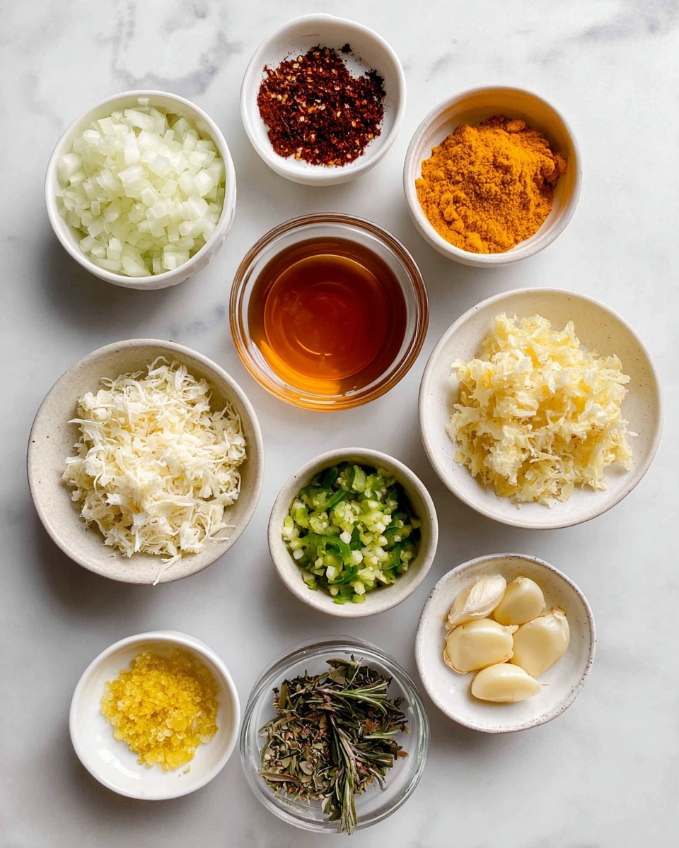 The image shows eleven small white bowls arranged on a white marbled surface, each filled with different ingredients. Starting from the top left is a bowl full of finely chopped white onion, next to it on the right is a bowl of bright orange grated turmeric. Below the onion bowl is a clear bowl filled with dark red cayenne pepper powder, and below the turmeric bowl is a bowl of chopped green jalapeño peppers. In the middle is a glass bowl with an amber liquid apple cider vinegar, next to a small bowl to the left filled with golden raw honey. Below the vinegar, there is a bowl filled with a messy mound of shredded white horseradish root. To the lower right of the horseradish root is a small bowl of sliced pale garlic cloves, and next to the garlic is a white bowl with dried brown rosemary leaves. At the bottom left is a bowl of bright yellow grated ginger, and next to it on the right is a small bowl holding finely grated lemon zest with lemon juice in a pale yellow liquid. The bowls are neatly arranged, showing the variety of colors and textures of each ingredient. Photo taken with an iphone --ar 4:5 --v 7