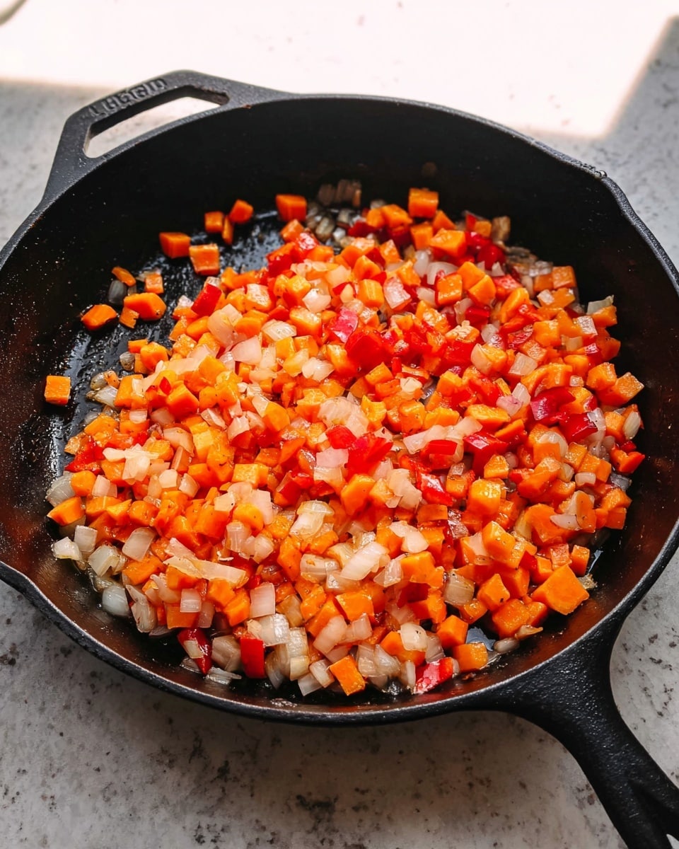 A black cast iron pan filled with small, evenly diced pieces of orange carrots, red bell peppers, and white onions being cooked. The vegetables cover almost the entire bottom of the pan, showing a mix of bright orange, red, and white colors with a slight shine from cooking. The pan’s handle extends to the right over a white marbled surface. Soft natural light shines from the top left corner, creating a warm and fresh cooking atmosphere. Photo taken with an iphone --ar 4:5 --v 7