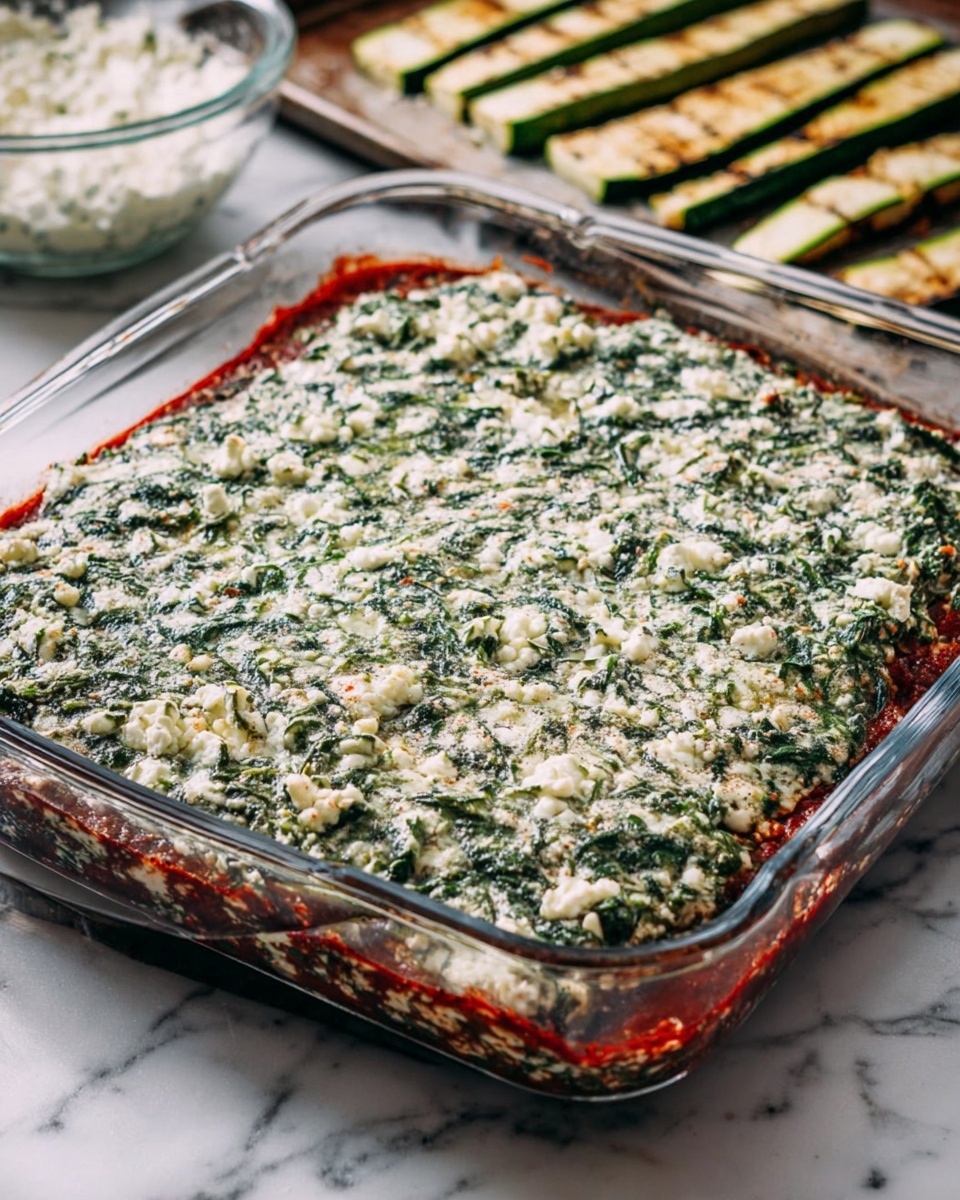 The image shows a rectangular clear glass baking dish filled with three visible layers of food. The bottom layer is a red sauce spread evenly across the base. On top of this is a middle layer of cooked spinach, dark green in color, also spread uniformly. The top layer is a crumbly white cheese mixed with small bits of green spinach, covering the entire surface. The dish sits on a white marbled surface, with a baking sheet holding grilled zucchini slices blurred in the background along with a glass bowl containing a white creamy mixture. Photo taken with an iphone --ar 4:5 --v 7