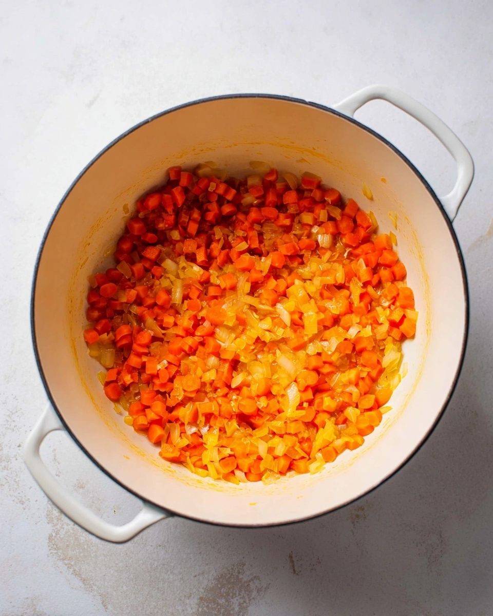 Inside a white round pot, there is a single layer of small, soft diced carrots mixed with translucent cooked onions. The carrots show a bright, warm orange color, while the onions are light yellow with a slightly glossy texture. The pot has two handles on each side and rests on a white marbled surface. The vegetables fill the bottom evenly, and the inside walls of the pot have a light orange tint from the cooking. Photo taken with an iphone --ar 4:5 --v 7