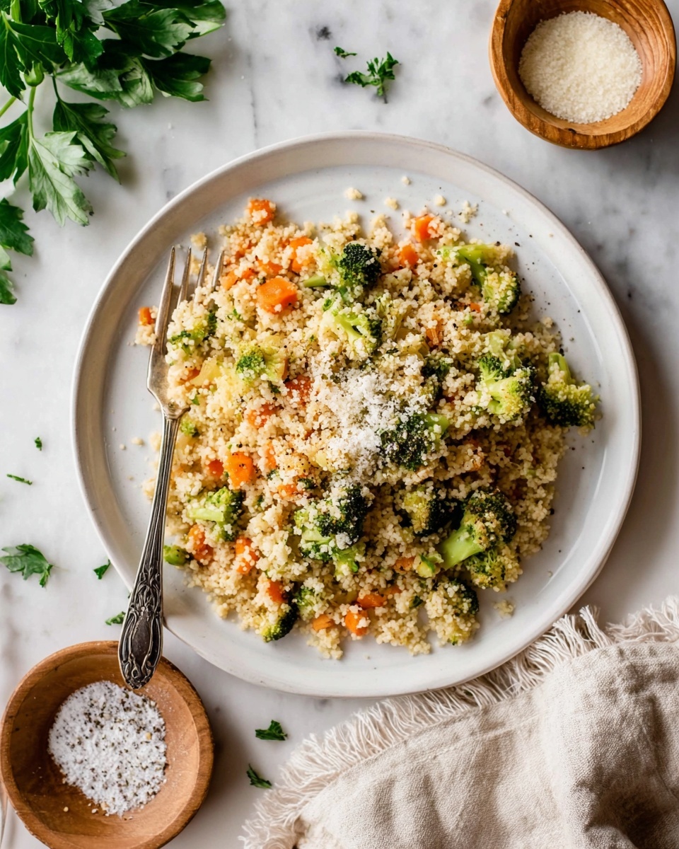 A white round plate sits on a white marbled surface with a mix of cooked couscous or small grains in the center, showing three main layers: a base of small light beige grains, mixed with small bright green broccoli pieces and small orange carrot chunks scattered throughout; the top layer has a light sprinkle of white cheese or grated topping and hints of coarse black pepper. A vintage silver fork lies on the left edge of the plate. Near the plate are two small wooden bowls, one with coarse salt and the other with a grated white topping. Fresh green parsley leaves are partly visible in the top left corner. A light beige cloth napkin with frayed edges lies at the bottom right corner. photo taken with an iphone --ar 4:5 --v 7