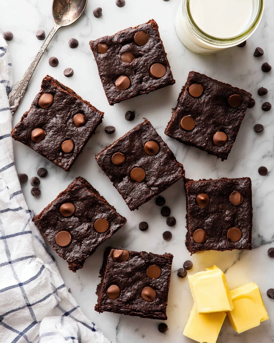 Avocado Brownies Recipe 2 There are nine square chocolate brownies laid out on a white marbled surface with a white and blue checkered cloth on the upper left side. Each brownie is dark brown with a slightly wrinkled texture on top and has several round, smooth chocolate chips embedded evenly across the surface. Scattered chocolate chips are spread around the brownies. On the upper right side, there is a silver spoon holding two small cubes of yellow butter next to a glass jar filled with milk. The overall scene is bright and clean. photo taken with an iphone --ar 4:5 --v 7