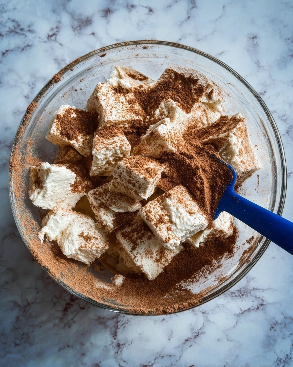 A clear glass bowl holds several irregular white pieces of a soft textured food piled inside, sprinkled generously with a fine brown powder that covers much of the white pieces in a dusty layer. A blue spatula is partially immersed in the bowl on the right side, its handle covered with some of the brown powder. The bowl is set on a white marbled surface. photo taken with an iphone --ar 4:5 --v 7