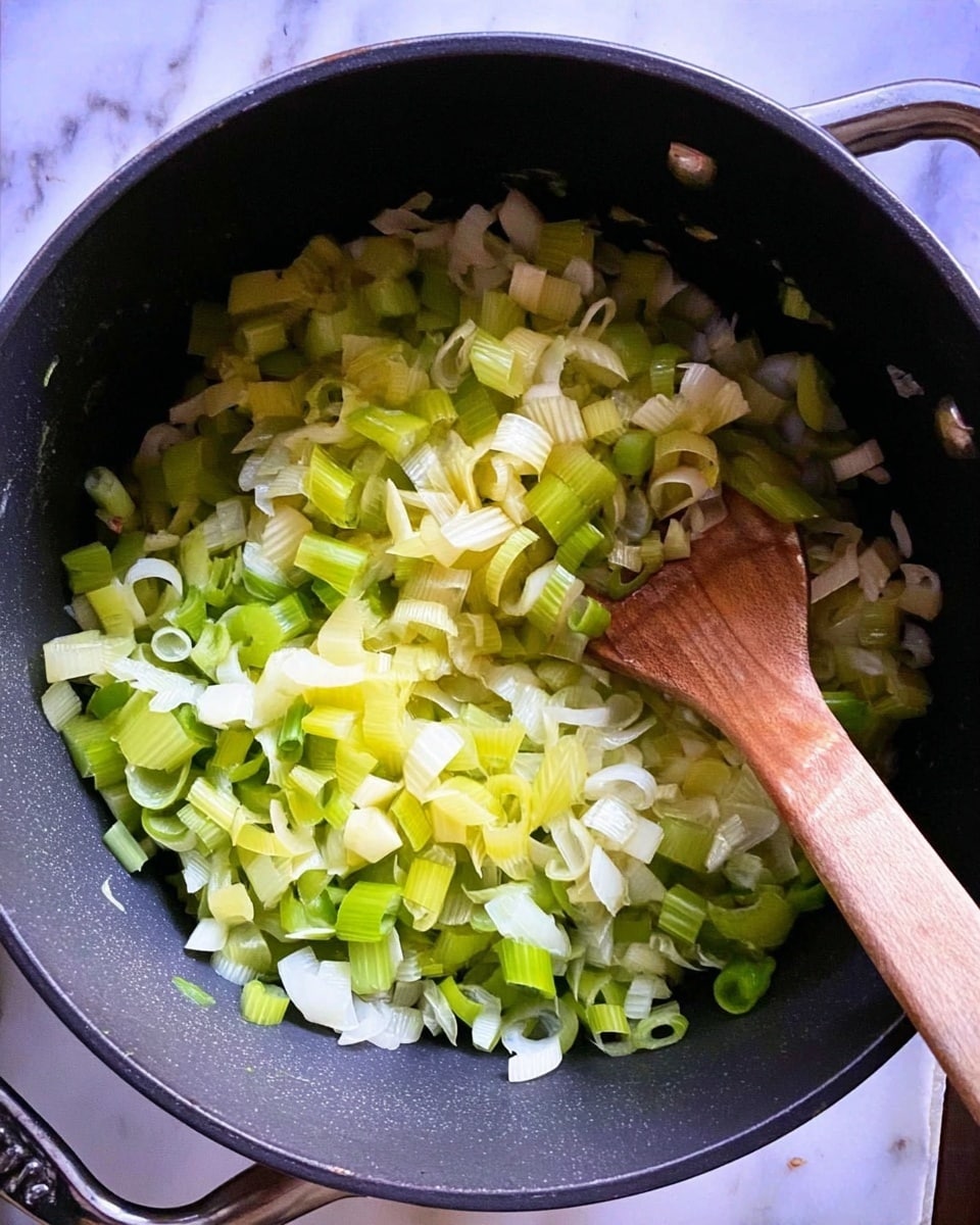 The image shows a black pot filled with chopped leeks in various shades of light green and white, spread out evenly across the pot's bottom. A wooden spoon rests inside the pot on the right side, partially covered by the leeks. The pot handle is visible on the left, and the background is a white marbled texture. Photo taken with an iphone --ar 4:5 --v 7