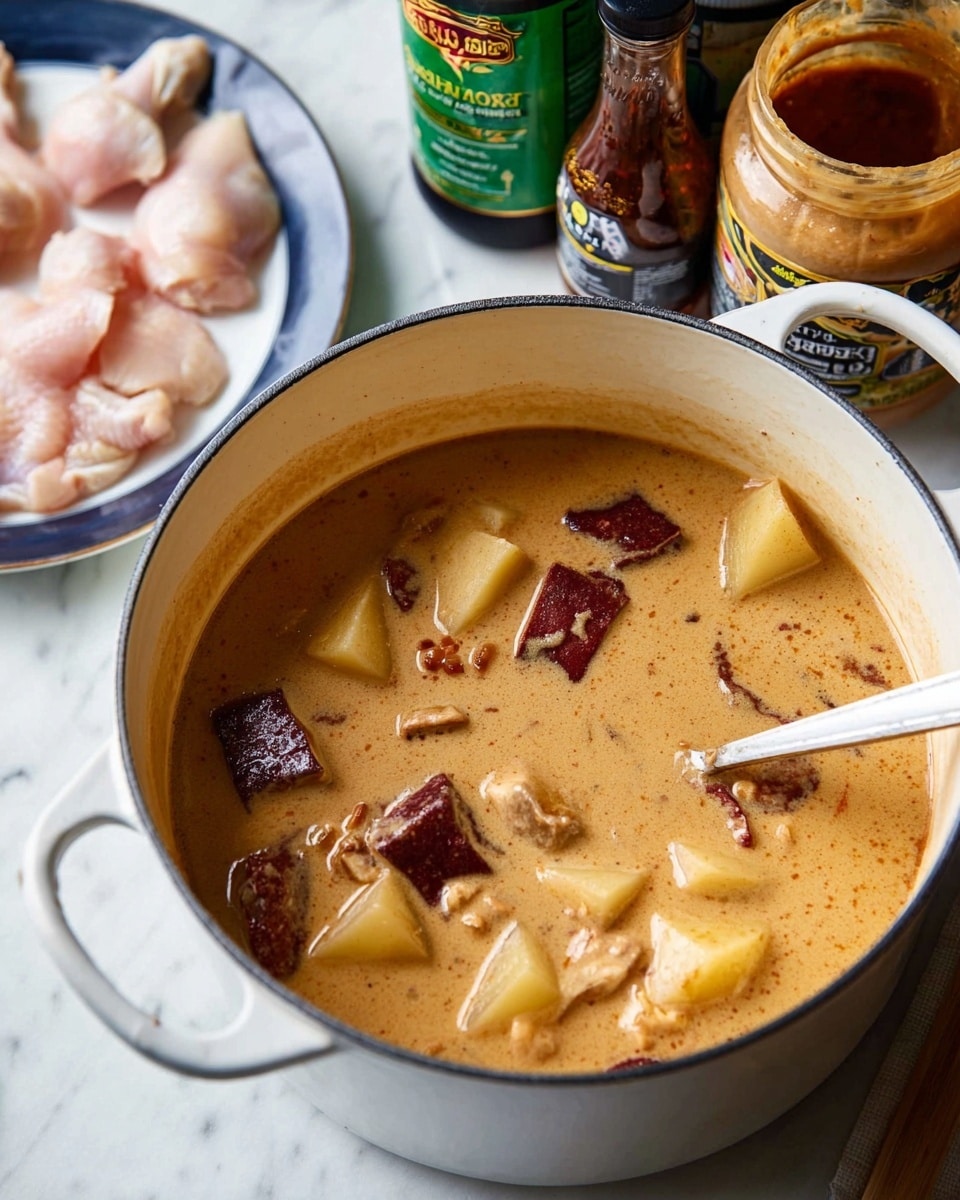The image shows a white pot filled with a creamy light brown soup that has visible chunks of dark reddish meat and light yellow potatoes floating in the thick broth. The pot is set on a white marbled surface with various ingredients in the background, including a plate with raw light pink chicken pieces, a green jar of creamy peanut butter, a bottle of fish sauce, and a jar of dark tamarind paste, along with a spoon inside the pot. Photo taken with an iphone --ar 4:5 --v 7