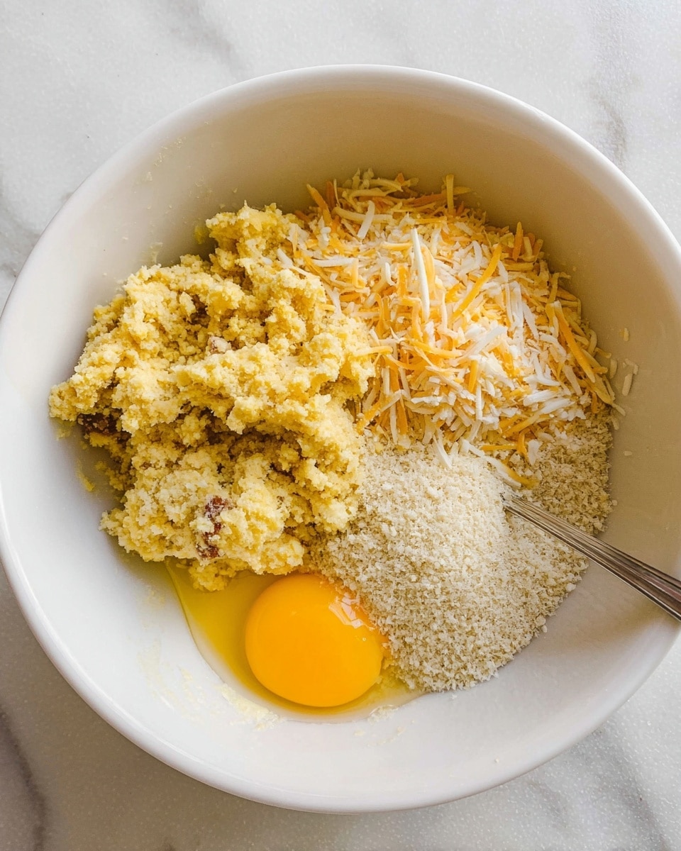 A white bowl on a white marbled surface holds four distinct layers of ingredients before mixing: on the left, a chunky yellow dough-like mixture with small brown bits; on the top right, a heap of fine orange and white shredded cheese; below the cheese, a pile of light beige breadcrumbs with a silver fork resting on it; and at the bottom, an unbroken bright yellow egg yolk with translucent egg white spreading slightly around it. photo taken with an iphone --ar 4:5 --v 7