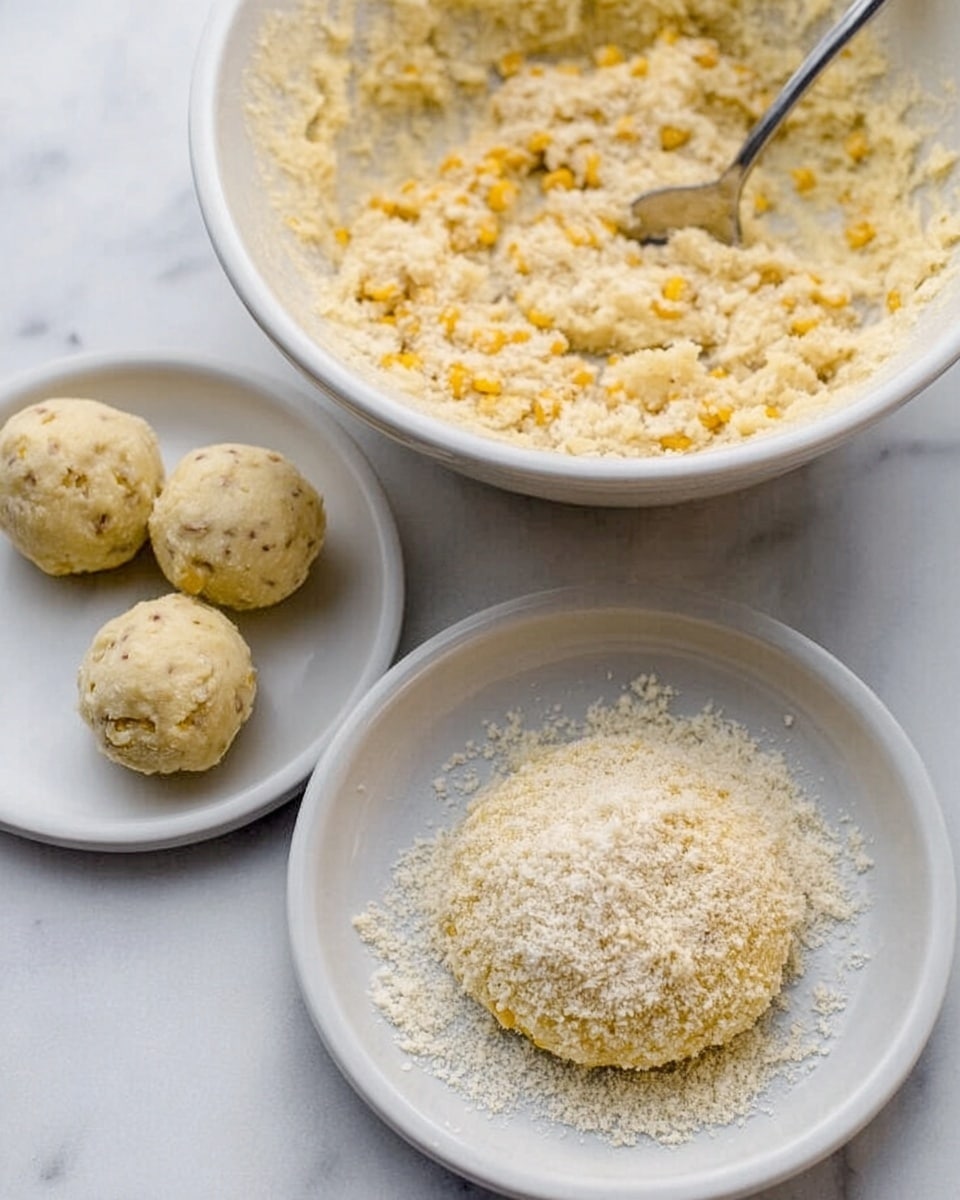 The image shows a white bowl in the background filled with thick, pale yellow dough with some corn kernels visible, and a metal spoon resting inside. In the foreground, a white round plate holds a flat dough disc coated on one side with a light, crumbly layer of breadcrumbs. To the left, there is another white round plate with three small round dough balls that are pale with some yellow spots. The whole setup is placed on a white marbled surface, creating a bright and clean look. photo taken with an iphone --ar 4:5 --v 7